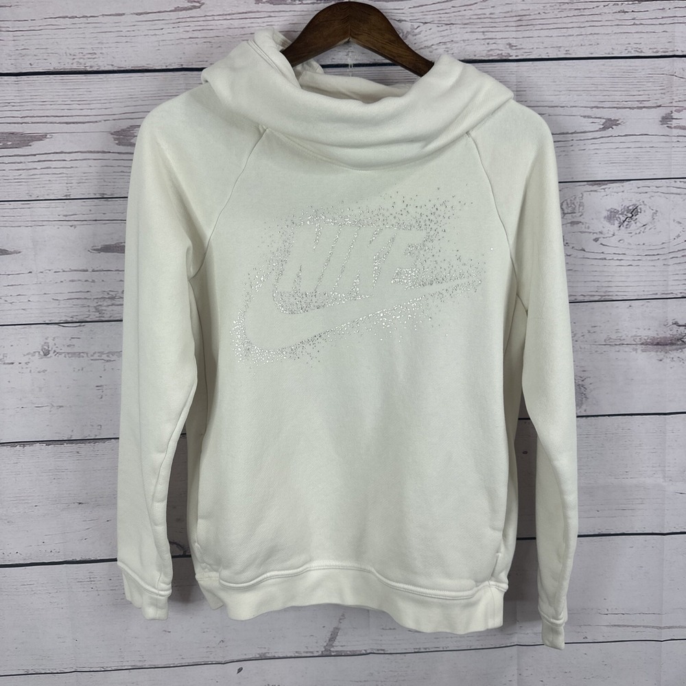 Nike Sweatshirt Womens Small White Silver Logo Funnel‎ Pull Over Boxy Rally